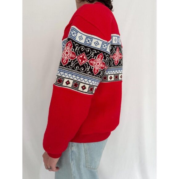 90s vintage red nordic aztec print unisex mens cozy fleece knit pullover sweater - Picture 4 of 10